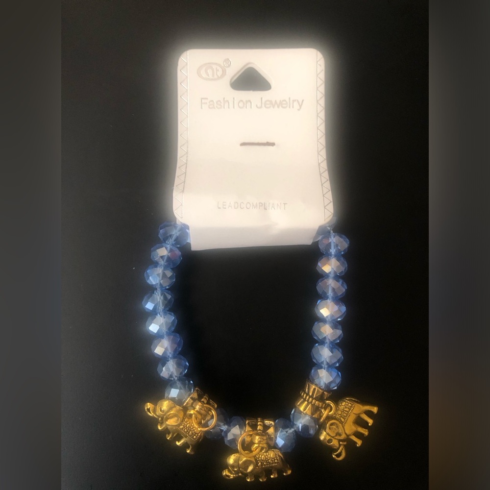 Blue Beaded Bracelet with Gold Elephant Charms